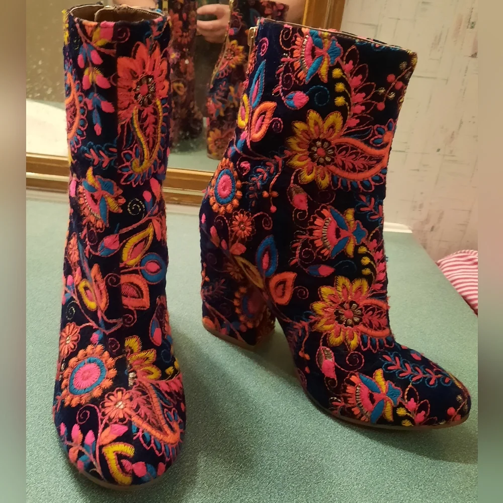 Naughty Monkey Velvet Embroidered Ankle Boots - Multicolor - Picture 2 of 10